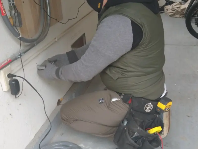 Electrician performing outlet wiring in a Dundee garage